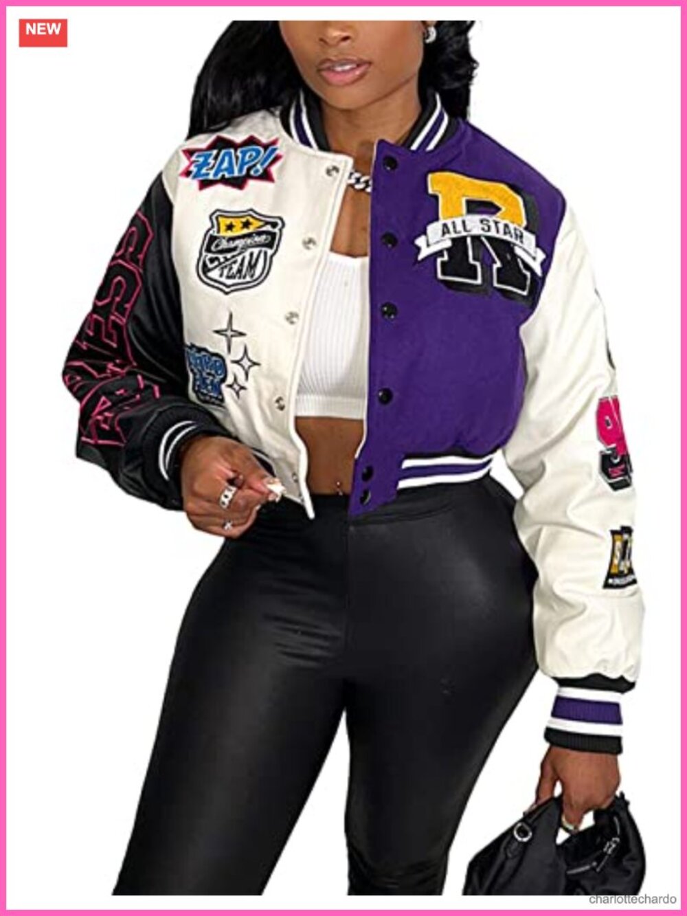 Cropped Varsity Jacket Colorblock Letter Print Button Down Letterman Bomber Coat